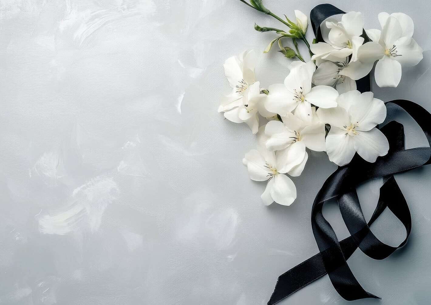 Fiori bianchi con un nastro nero su uno sfondo grigio